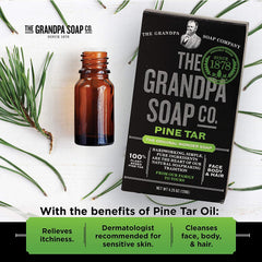 Brand label on Grandpa's Pine Tar Soap emphasizing natural formula.
