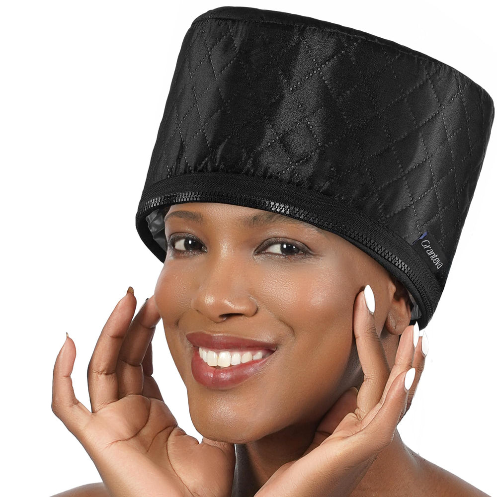 Granteva hair steamer cap in use delivering deep conditioning for natural hair