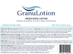 GranuLotion medicated lotion label close-up with activated astringent technology