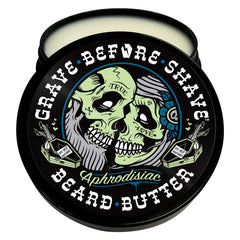 Grave Before Shave 4 oz beard butter tub showing leather cedar scent for grooming.