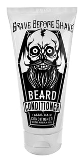 Grave Before Shave Beard Conditioner bottle highlights argan oil for beard hydration and softness.