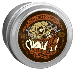 Grave Before Shave Caramel Mocha beard balm tin helps tame flyaways and soften beard hairs