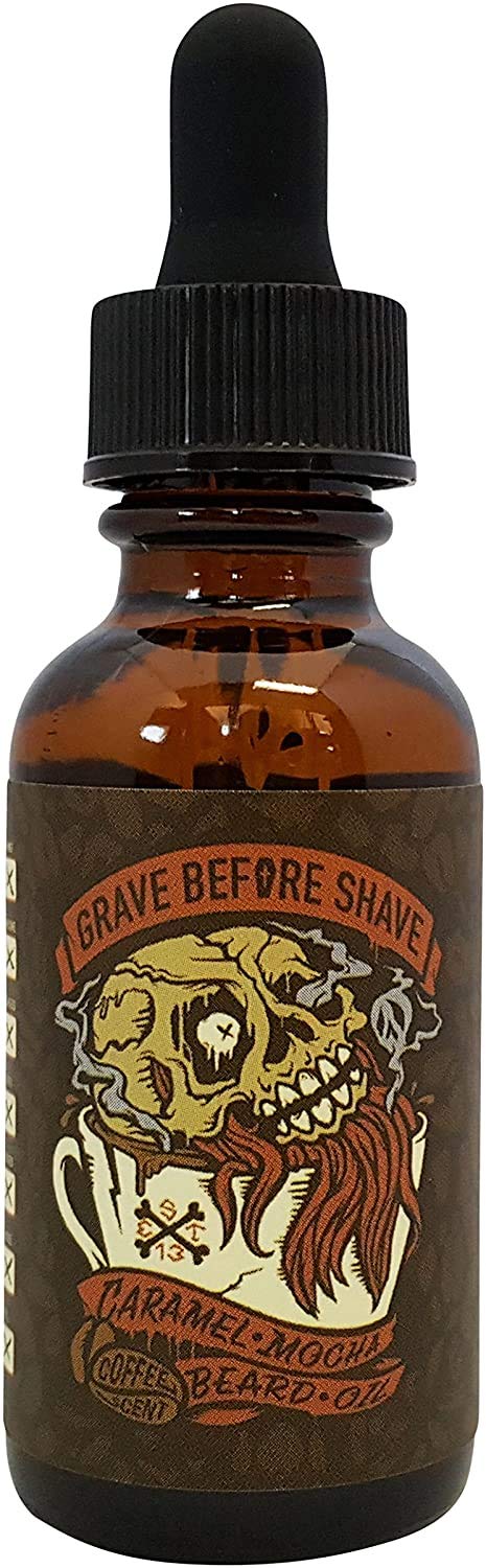 Grave Before Shave Caramel Mocha Beard Oil bottle for daily conditioning and shine.