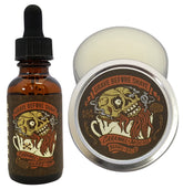 Grave Before Shave Caramel Mocha beard pack front view showing balm tin and oil bottle for conditioned, manageable facial hair