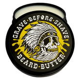 Grave Before Shave Teakwood Blend Beard Butter jar helps soften beard hair and moisturize skin.