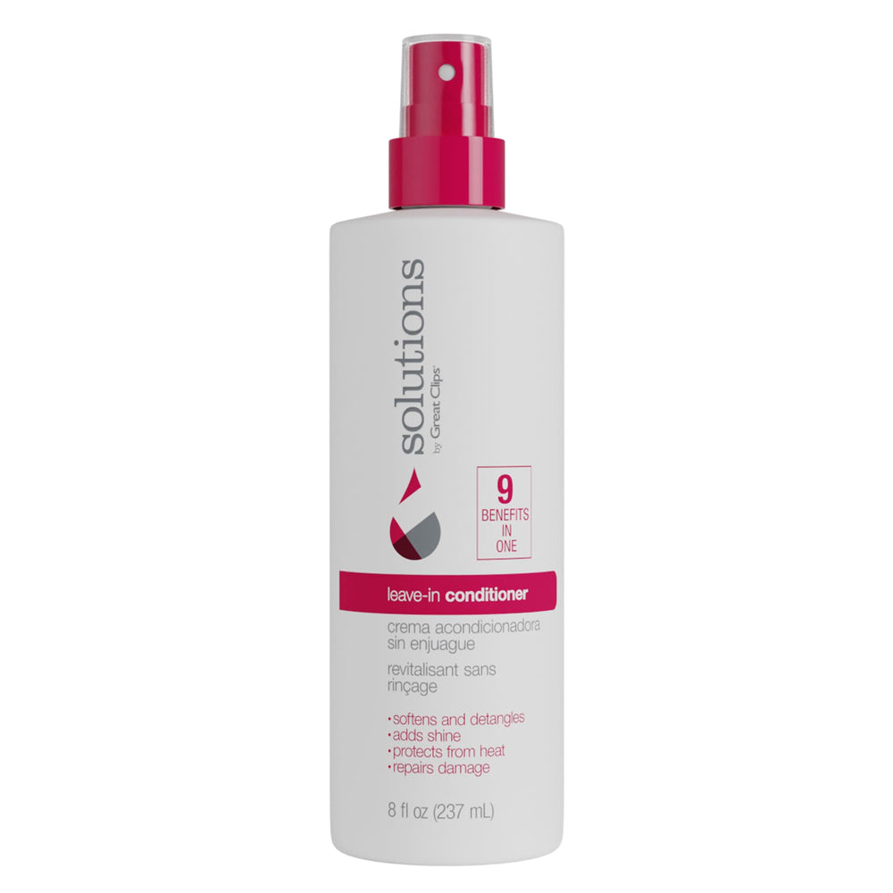 GREAT CLIPS Solutions leave-in conditioner bottle provides lightweight hydration for frizz control.