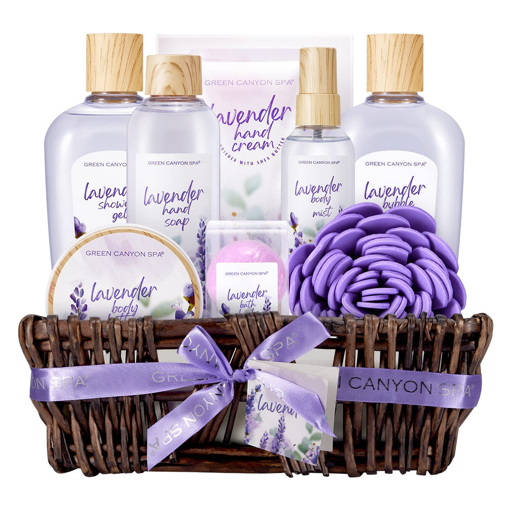 Green Canyon Spa lavender gift basket with soothing bath treats for home spa rituals.