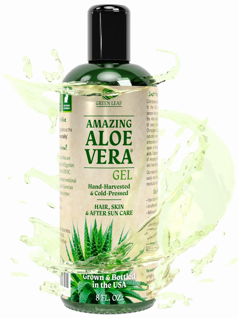 Green Leaf Naturals aloe vera gel bottle closeup showing pure hydration for skin