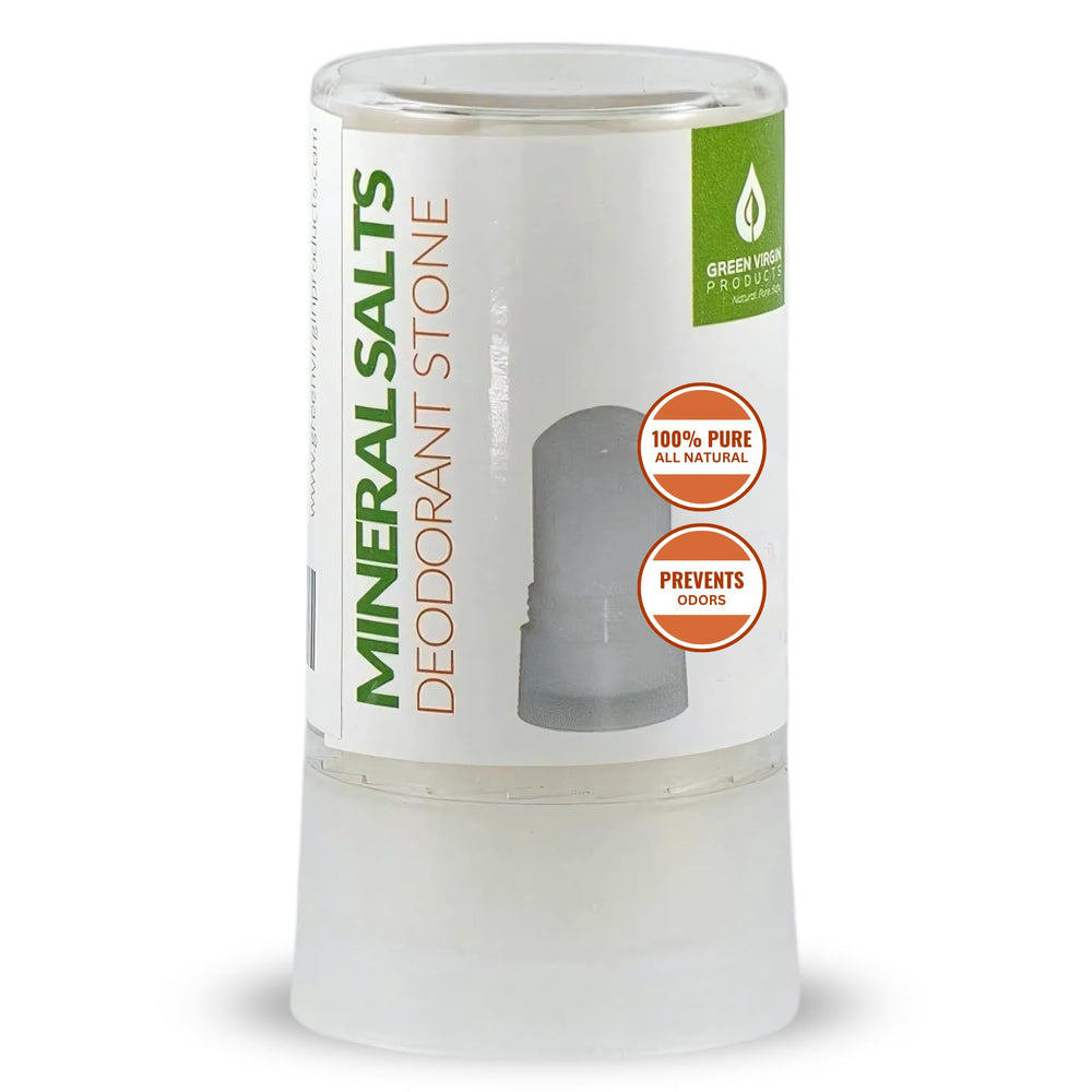 Green Virgin Products deodorant stone crystal closeup shows natural mineral salts for daily freshness