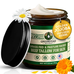 Greenstead Naturals beef tallow jar shows whipped balm texture for deep hydration.
