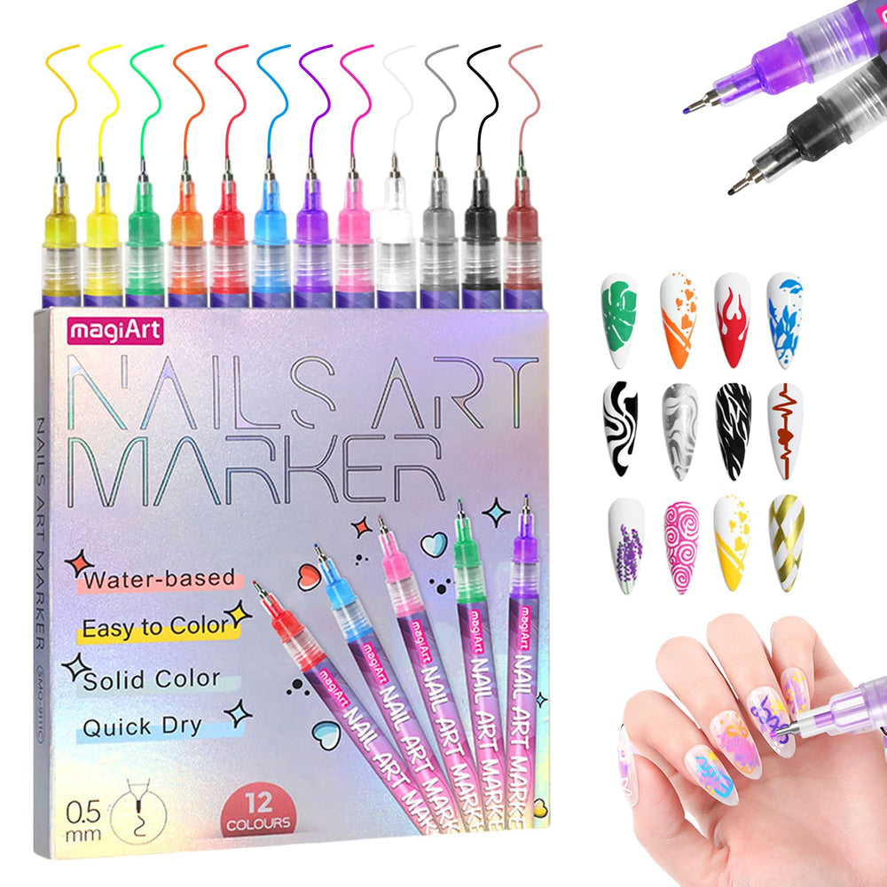 GRKZBKW 12-color nail art pens close-up shows precise 0.5mm tip for detailed designs.