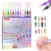 GRKZBKW 12-color nail art pens close-up shows precise 0.5mm tip for detailed designs.