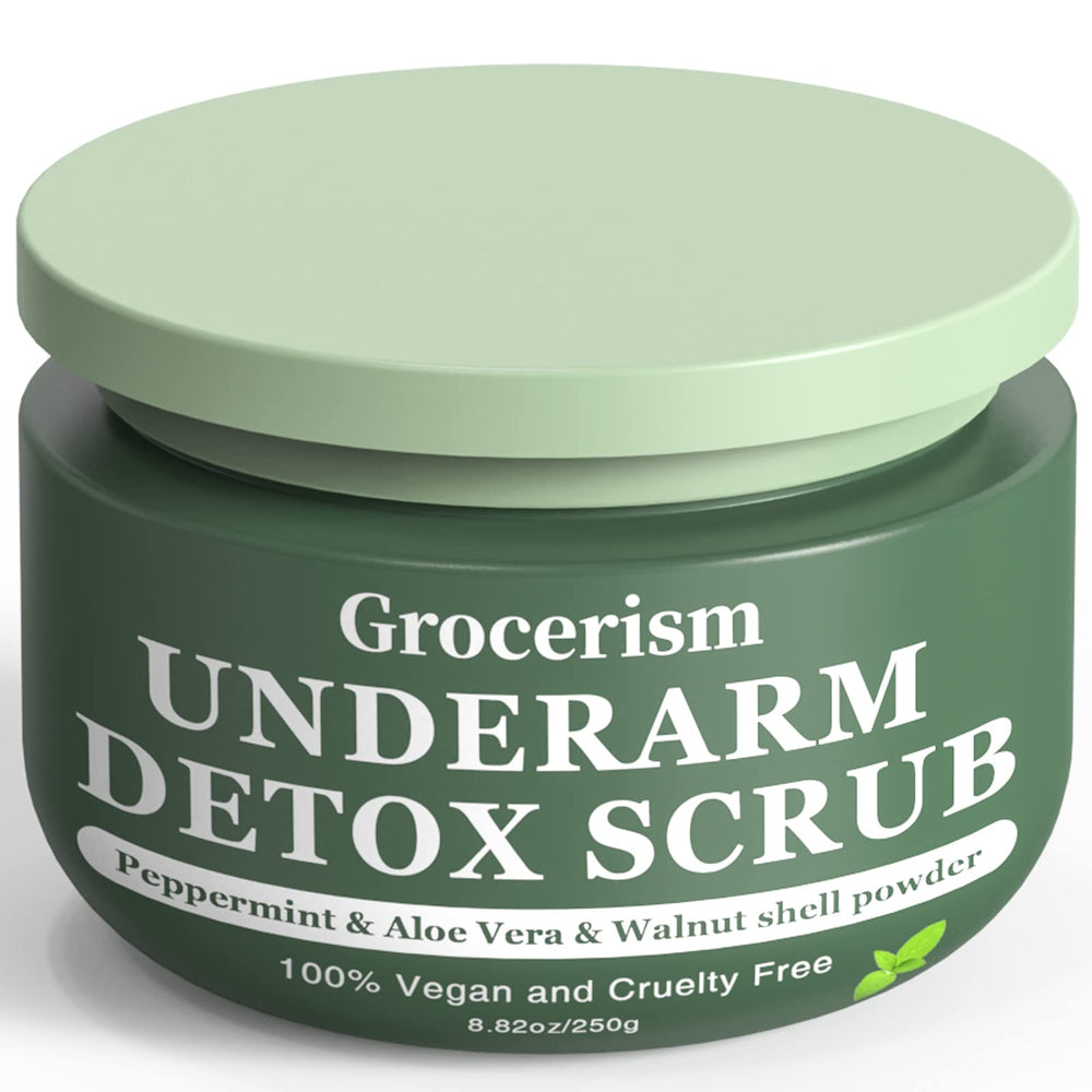 Grocerism Armpit Detox Scrub walnut-shell exfoliation aids deodorant buildup removal and odor control.