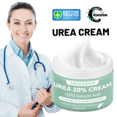 Grocerism urea cream jar shows hyaluronic acid for deep hydration and skin softness.