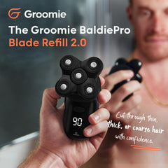 Groomie BaldiePro head shaver closeup shows smooth, comfortable contours