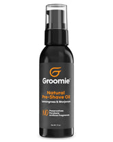 Groomie pre-shave oil bottle close-up for smooth, comfortable shaves.