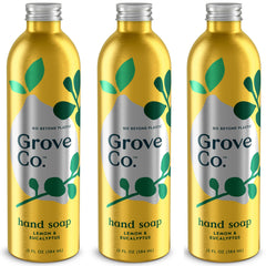 Grove Co. Hydrating Gel Hand Soap Refill Packaging shows plastic-free aluminum refill for less waste.