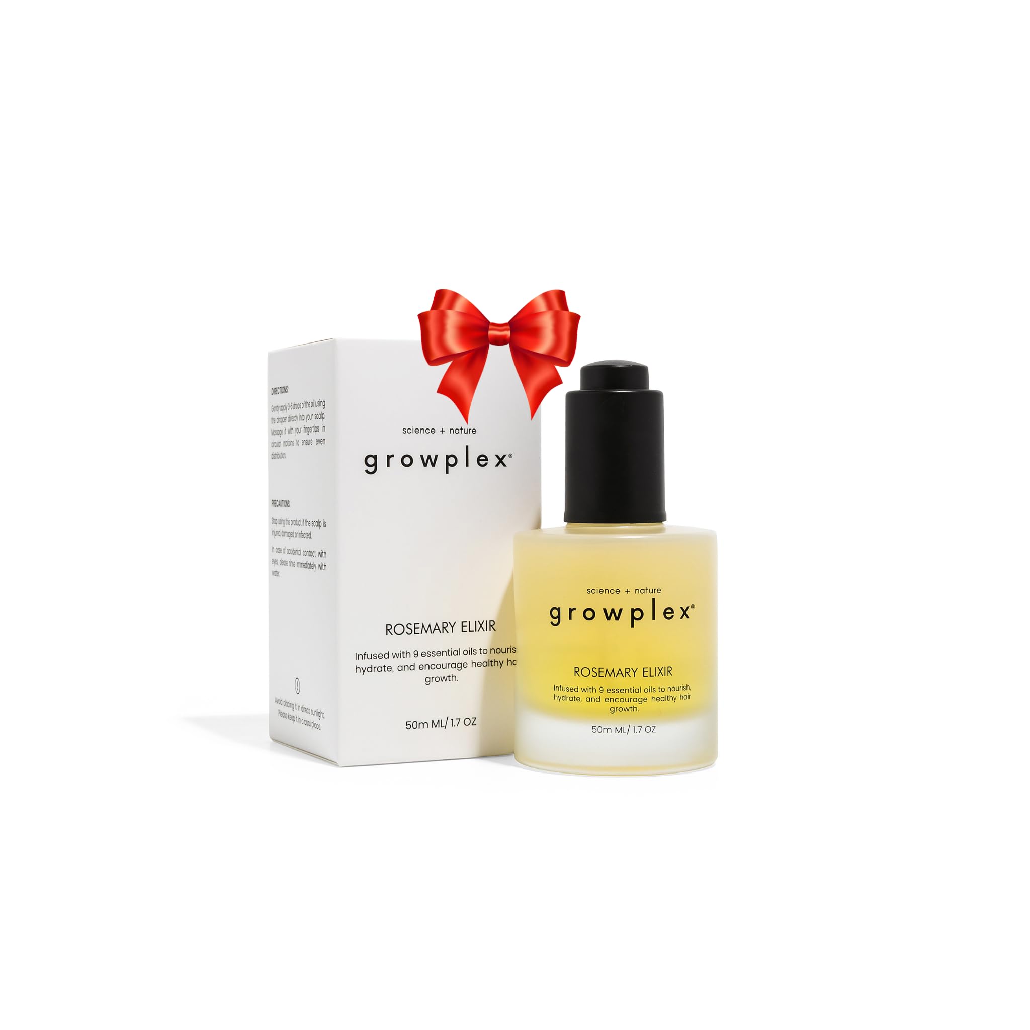 Growplex Rosemary Elixir bottle closeup showing daily scalp nourishment.