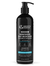 Growth Essence Minoxidil & Biotin Shampoo bottle highlighting caffeine and castor oil for daily scalp nourishment.