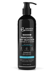 Growth Essence Minoxidil & Biotin Shampoo bottle highlighting caffeine and castor oil for daily scalp nourishment.