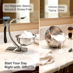 GRUTTI chrome stand with bowl highlights durable, rust-resistant craftsmanship for long-lasting grooming.