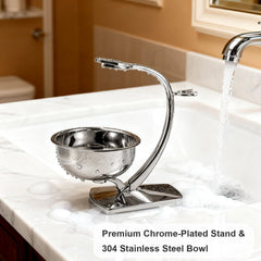 GRUTTI razor and brush fit shown in stand-and-bowl setup for quick, organized morning routines.