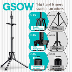 GSOW Wig Stand Reinforced Tubing emphasizes durability for daily practice.