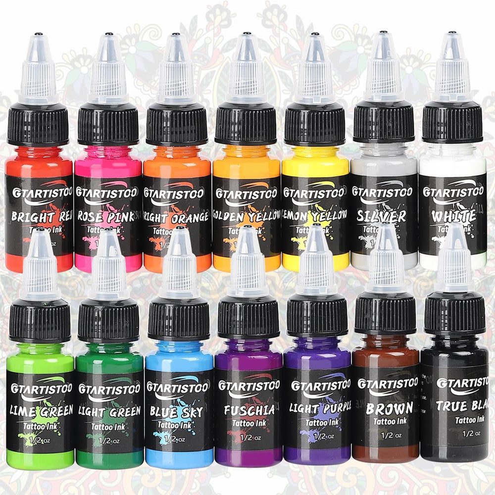 GTARTISTOO tattoo ink set 14 colors pack shot for vibrant palette options.