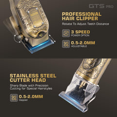 GTS PRO metal-embossed body detail highlights a durable, stylish build for daily barber-grade use.