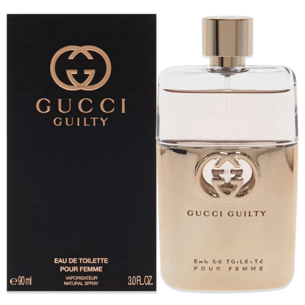 Gucci Guilty Eau de Toilette bottle front shows refined design for modern confidence.