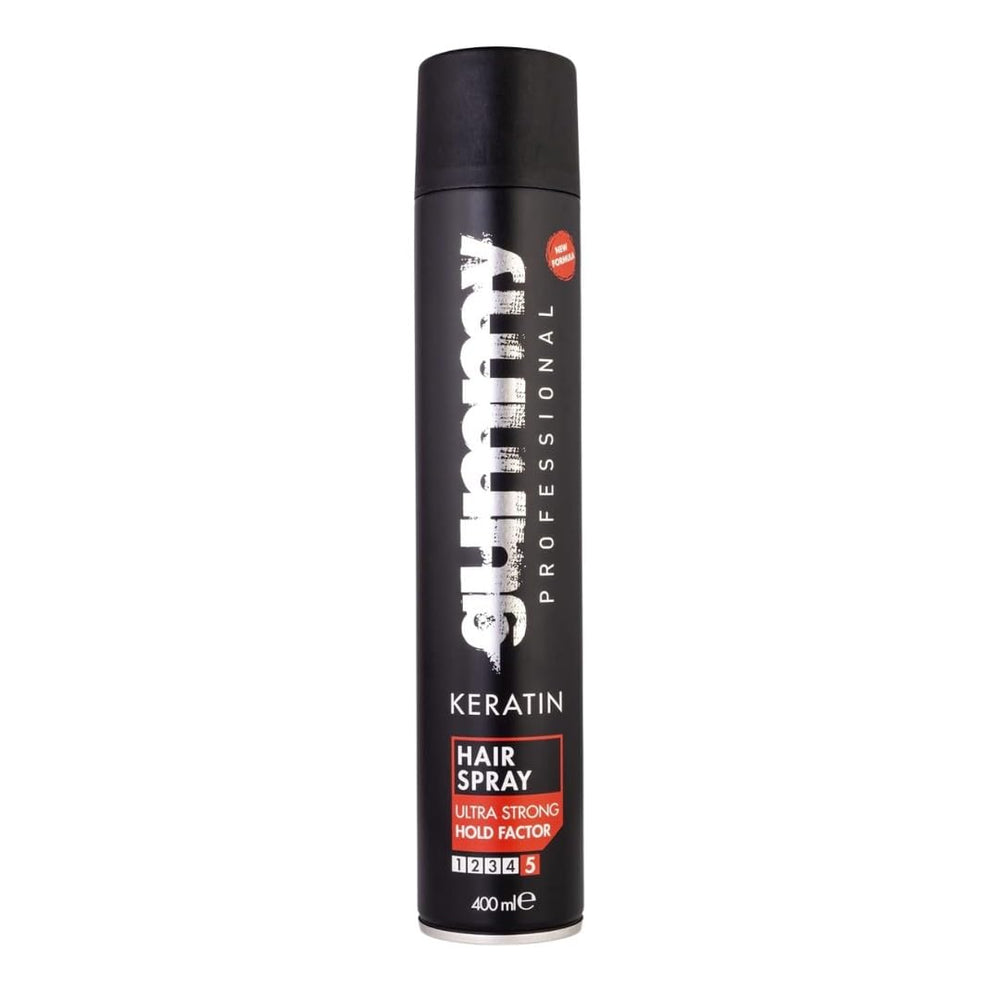 Gummy hair spray 400ml bottle delivers strong all-day hold.