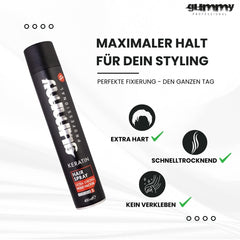 Gummy hair spray mist application for quick, light hold.