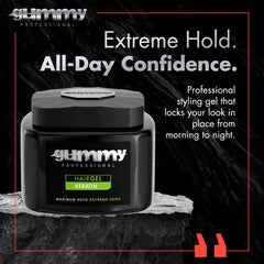 Gummy professional hair gel slick-back-style image highlighting long-lasting shine and control.