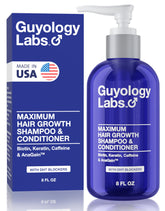 Guyology Labs hair growth shampoo bottle front promises fuller hair and healthier scalp for daily thinning hair