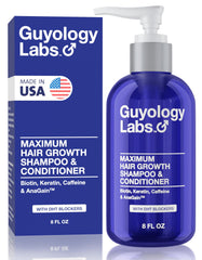 Guyology Labs hair growth shampoo bottle front promises fuller hair and healthier scalp for daily thinning hair