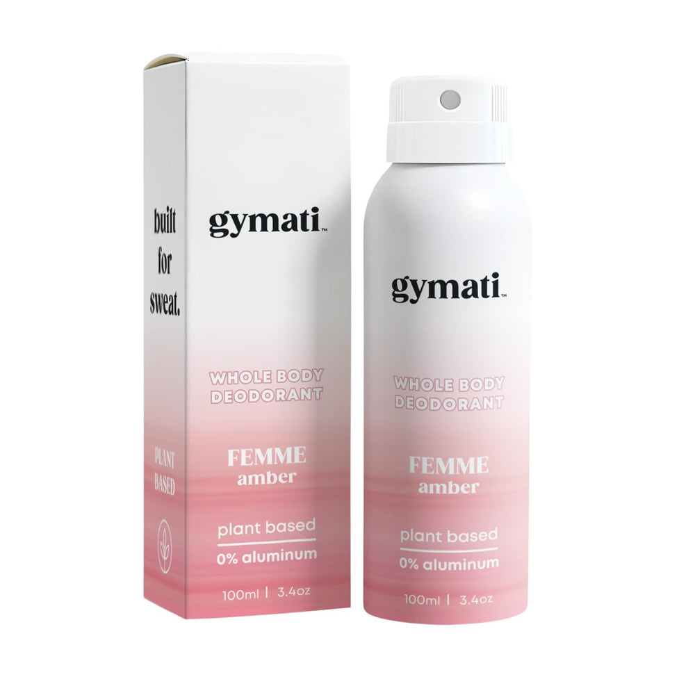 Gymati Fitness Body Deodorant Spray bottle demonstrates aluminum-free formula for all-day freshness