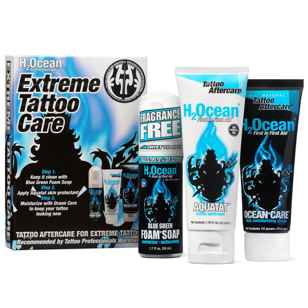 H2Ocean Extreme foam soap bottle for antibacterial cleansing during tattoo care