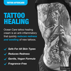 H2Ocean fragrance-free tattoo lotion packaging closeup for fragrance-free, skin-friendly care.