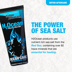 H2Ocean tattoo-aftercare on skin application closeup highlights fast-absorbing formula.