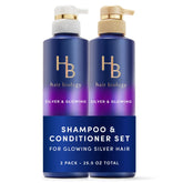 Hair Biology Silver Shampoo bottle highlighting biotin-infused purple formula for vibrant silver tones