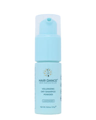 Hair Dance dry shampoo powder bottle demonstrates quick, benzene-free refresh for busy mornings.