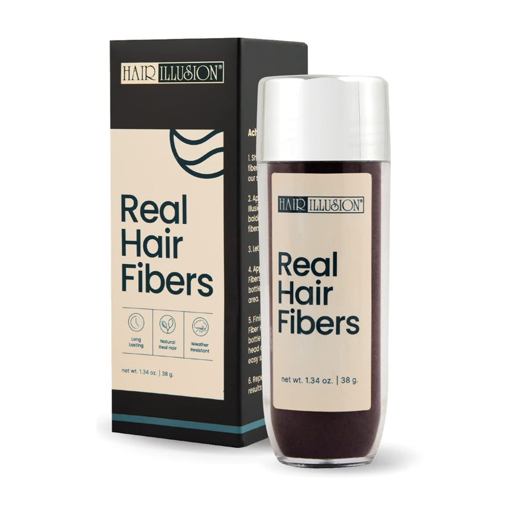 Hair Illusion dark brown bottle showing real hair fibers for fuller look.