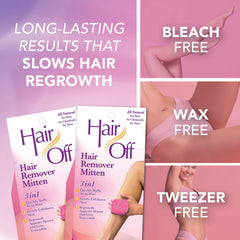 Hair Off mitten exfoliation-action highlights skin exfoliation during removal.
