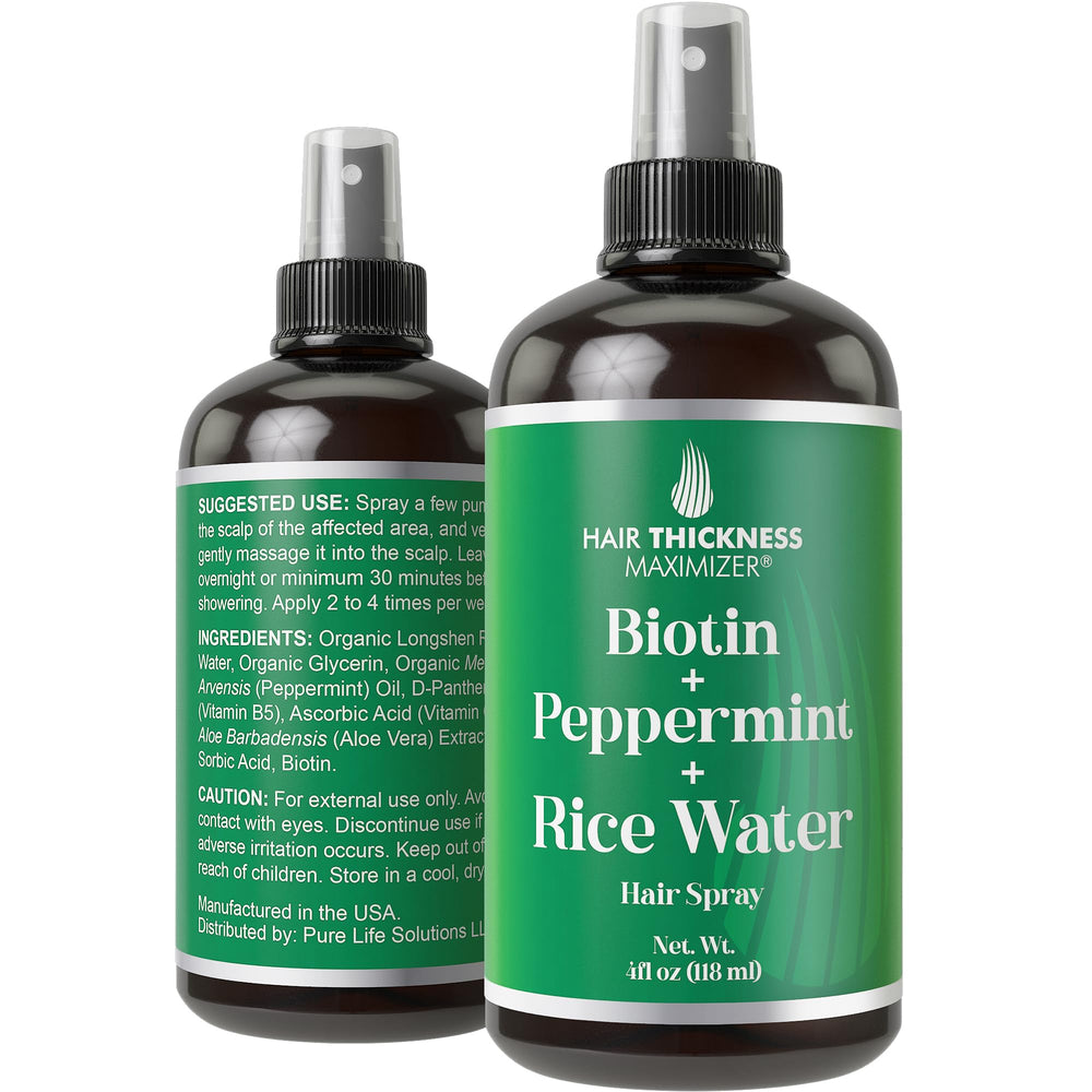 Hair Thickness Maximizer spray bottle for daily scalp hydration with biotin, peppermint, and rice water.