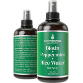 Hair Thickness Maximizer spray bottle for daily scalp hydration with biotin, peppermint, and rice water.