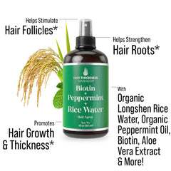 Hair Thickness Maximizer ingredients close-up show biotin, peppermint, and rice water for scalp nourishment.