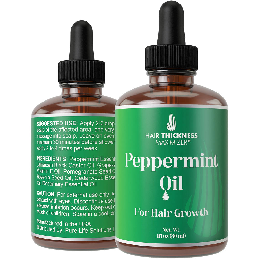 Hair Thickness Maximizer peppermint oil 1oz bottle ready for daily hair care.