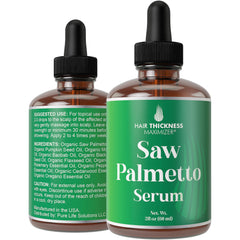 Hair Thickness Maximizer Saw Palmetto Serum bottle nourishes scalp for fuller-looking hair.