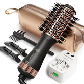 Hair Trends travel brush dryer demonstrates compact dual-voltage styling for international use.