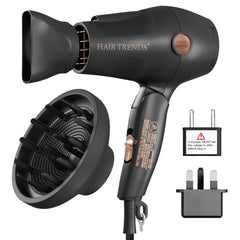 Hair Trends Travel Hair Dryer folded compact form for easy carry-on styling.